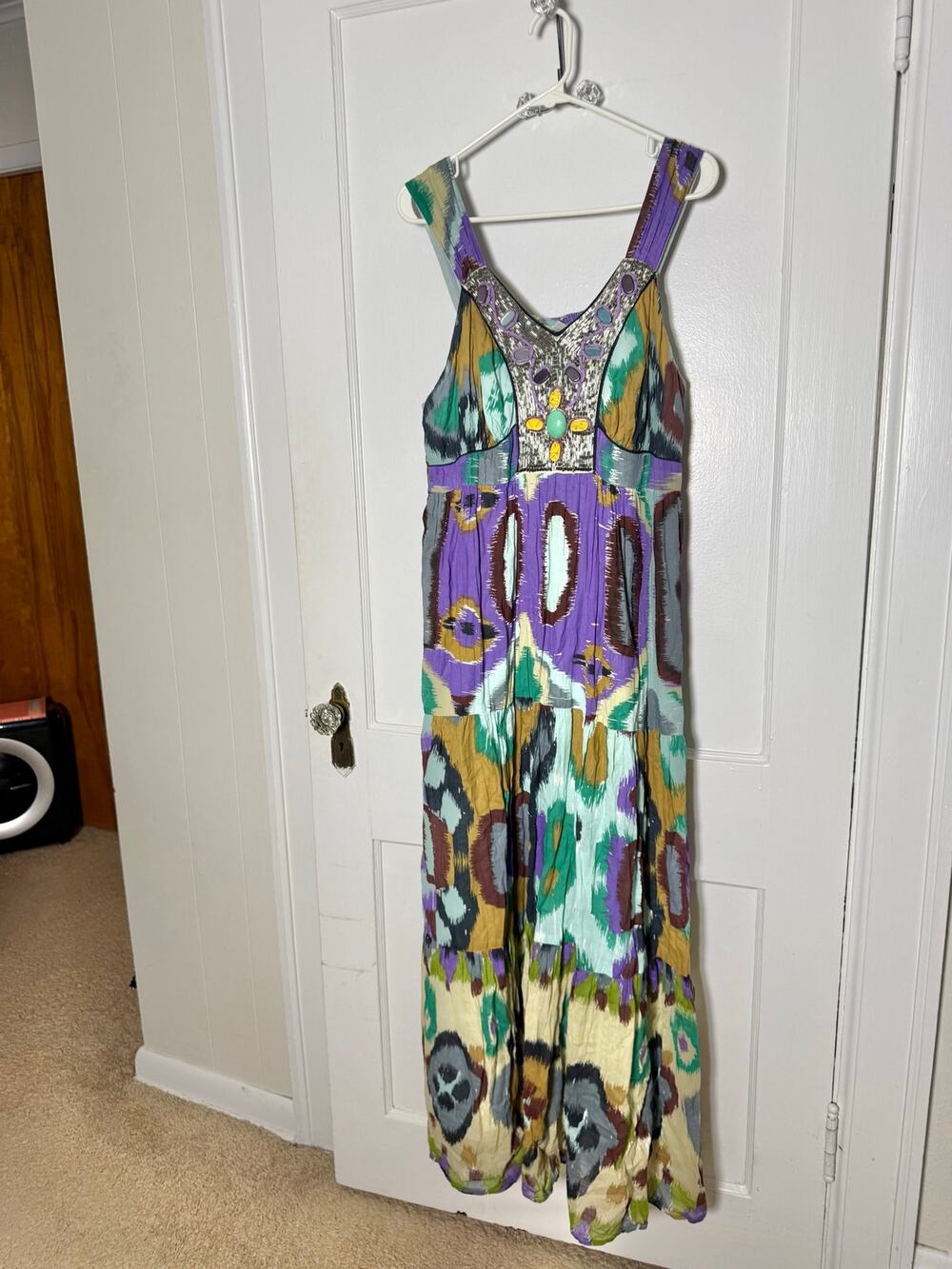 Y2K Cato Woman 16W Beaded Boho Maxi Dress Purple Green Cowgirl Plus Size